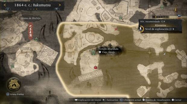 Nioh 3 - Santuarios en Kiyomizu, ubicaci�n del santuario Templo dilapidado en la zona suroeste de la regi�n