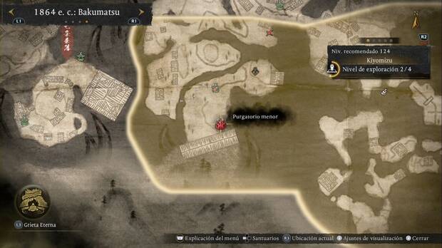 Nioh 3 - Purgatorios menores de Kiyomizu, ubicación del purgatorio de la esquina suroeste de la región