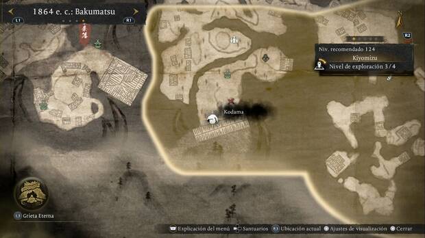 Nioh 3 - Kodama en Kiyomizu, ubicación del kodama de la esquina suroeste de la región, sobre unas rocas en el límite del mapa