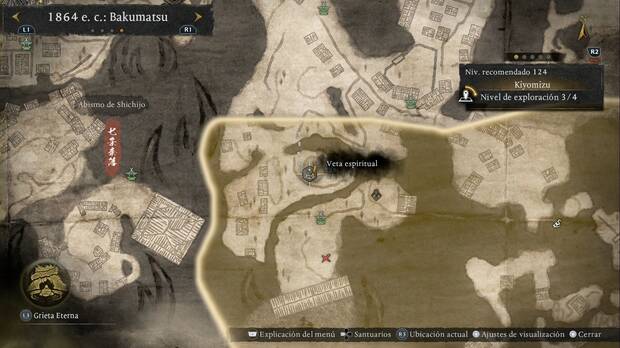 Nioh 3 - Vetas espirituales de Kiyomizu, ubicación de la veta que permite llegar a los Seis jizo de la región