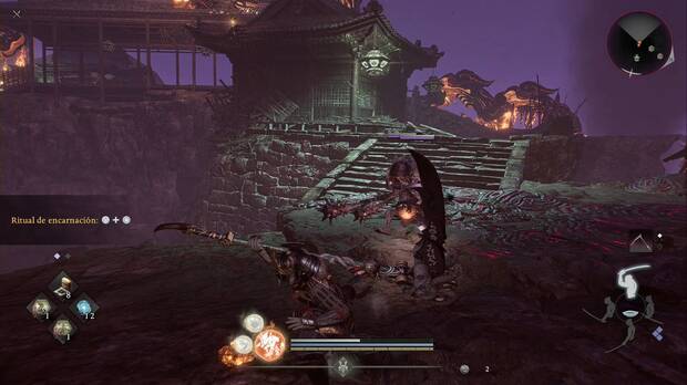 Nioh 3 - Kiyomizu mancillado, farol en un edificio subiendo los escalones desde el primer santuario