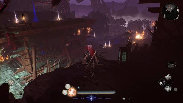 Nioh 3 - Kiyomizu mancillado, zona de enemigos al final de la misi�n con un Karasu Tengu en el lado derecho