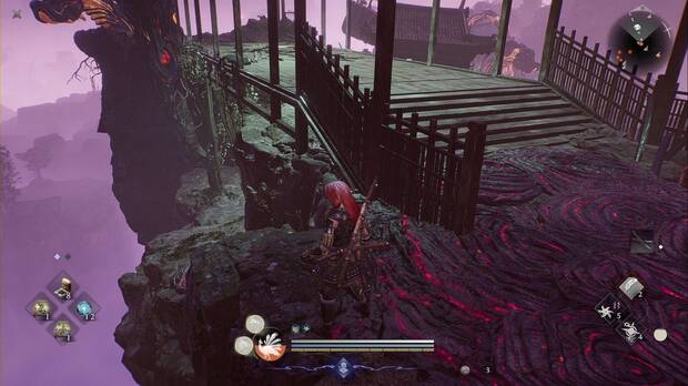 Nioh 3 - Kiyomizu mancillado, camino bajo el puente de las primeras flechas sagradas que lleva hasta un kodama