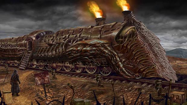 La simbología y las influencias artísticas de ‘Tormentum: Dark Sorrow’ son muy evidentes, y nos invitan a pensar en artistas como Giger o Luis Royo. El tren de la imagen, por ejemplo, es muy parecido a las máquinas extractoras de especia vistas en ‘Dune’.