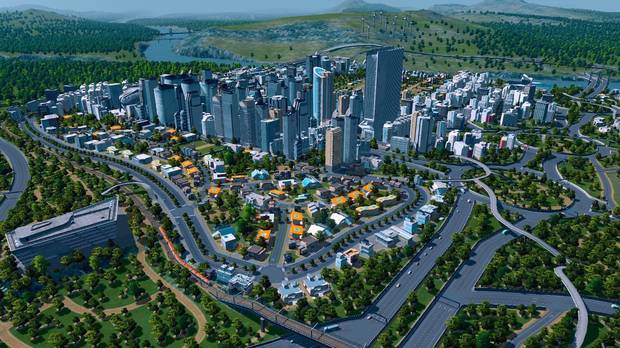 Una ciudad modelo. Un núcleo comercial lleno de rascacielos, zonas residenciales y de ocio a las afueras, numerosas carreteras… Al fondo, si os fijáis bien, veréis un parque eólico del que obtener energías renovables.