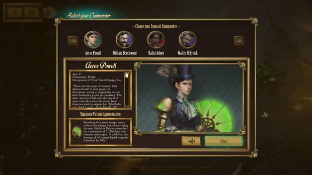 En ‘Ironcast’ tenemos varios comandantes y pilotos. Cada uno hace gala de un aspecto y una biografía única, además de una característica pasiva especial propia.