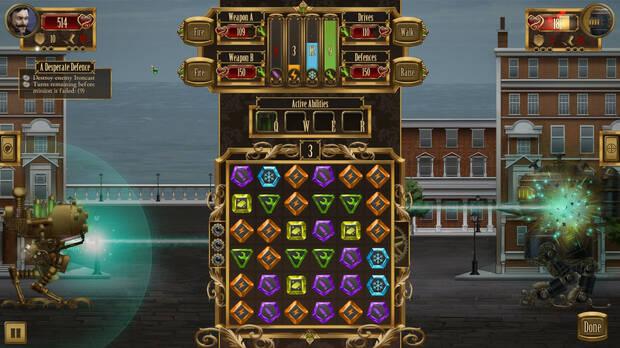 En ‘Ironcast’ nos enfrentaremos a los mechas rivales enlazando y utilizando los distintos tipos de piezas que vayan apareciendo en la pantalla. Es un match-3, pero decididamente más estratégico.