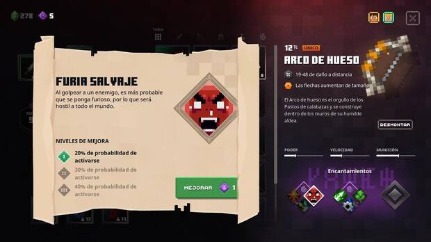 El menú de personalización de las armas es muy sencillo y claro. Cada una tiene varios huecos para colocar un encantamiento. Al eliminar un arma, los puntos de encantamiento gastados en ella se recuperan.
