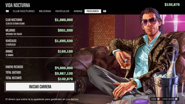 Nada más empezar puedes gastar hasta 4.000.000 GTA$ en un pack inicial que varía según la profesión criminal que escojamos. Es un incentivo de un sólo uso, exclusivo de nuevos jugadores y limitado a una selección de propiedades, mejoras, armas y vehículos