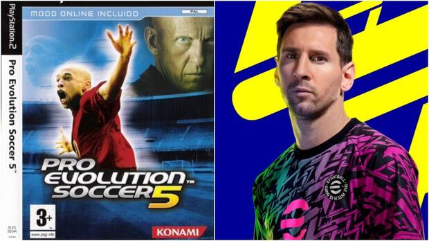 Carátulas de Pro Evolution Soccer 5 y eFootball 2022.