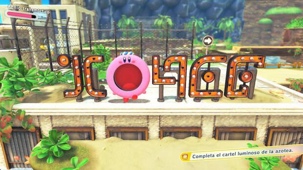 Kirby y la tierra olvidada - Playa Abandonada: Localización del cartel luminoso de la azotea