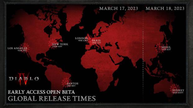 Diablo 4 - Mapa con zonas horarias para la beta abierta de Diablo 4