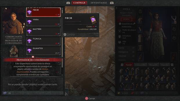 Diablo 4 - Utilizar los óbolos murmurantes en el proveedor de curiosidades