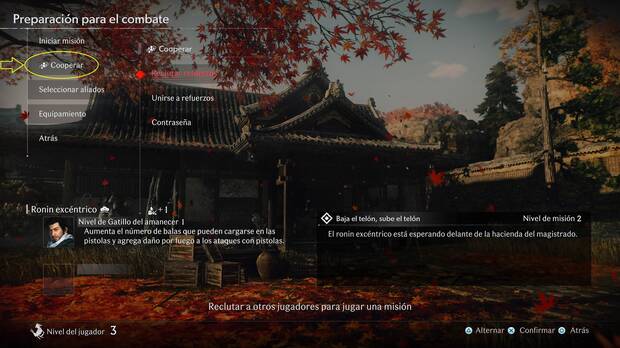 Rise of the Ronin - Pantalla para jugar misiones en cooperativo online