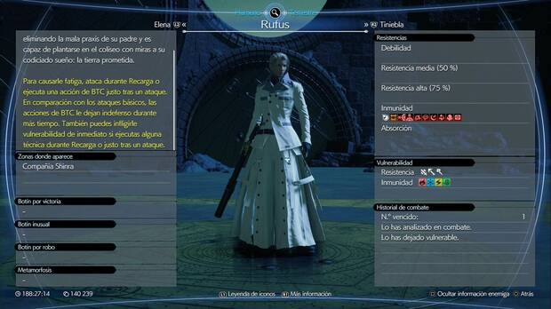 Final Fantasy VII Rebirth - Ficha de combate de Rufus