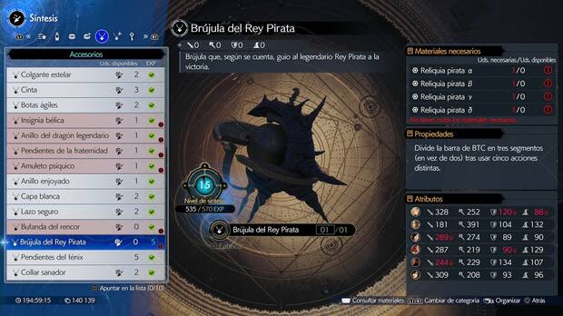 Final Fantasy VII Rebirth - Tesoros de los piratas: Brújula del Rey Pirata en la sección de Síntesis