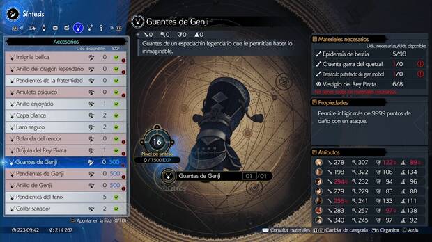 Final Fantasy VII Rebirth - Piezas de Genji en el menú de Síntesis
