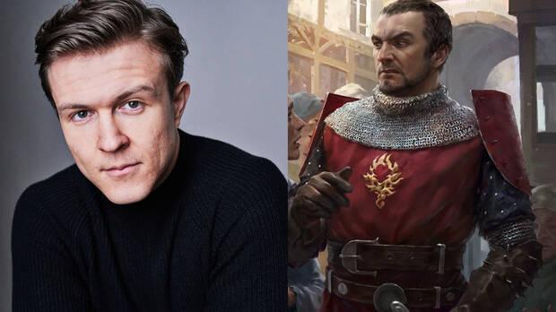 Montaje con una imagen del actor Jack Mywers a la izquierda y Roderick de Wett en su representaci�n del juego de Gwent a la derecha