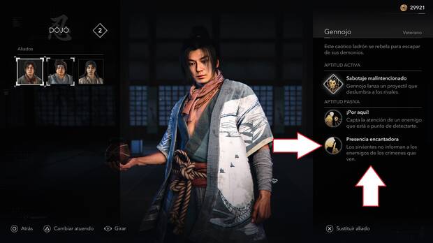 Assassin's Creed Shadows - Ventaja de Gennojo para que los sirvientes no alerten a enemigos
