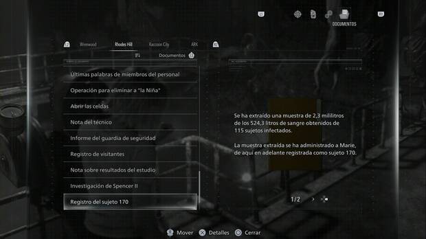Resident Evil Requiem - El rompecabezas final, pantallazo del documento Registro del sujeto 170