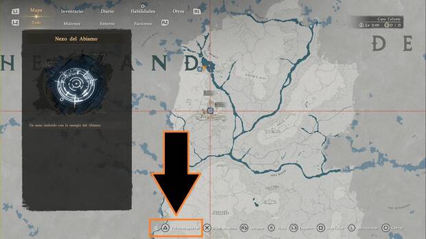 Crimson Desert - Nexos del Abismo, imagen del mapa con un Nexo del Abismo marcado, resaltando tambi�n el prompt de teletransporte