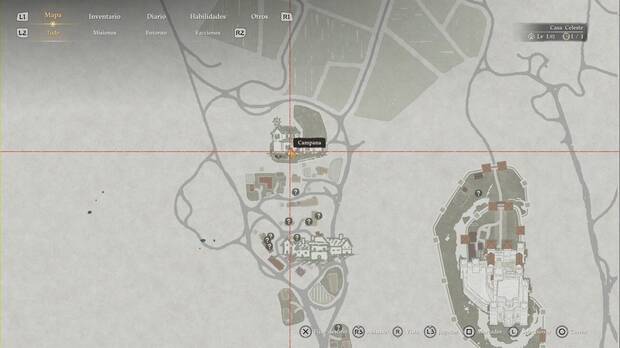 Crimson Desert - Campanas, ubicaci�n de la campana de Calphade en la iglesia de la ciudad con el mapa aumentado para ver claramente la posici�n