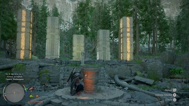 Crimson Desert - Ruinas Ancestrales, Ruinas de las monta�as de la Cuenca Nieblaespesa, pedestal apu�alado que hace subir o bajar las columnas