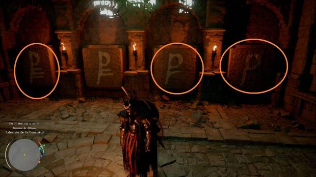 Crimson Desert - Ruinas Ancestrales, Ruinas del Laberinto de la Luna Azul, soluci�n de los murales de la derecha