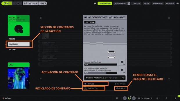 Marathon - Contratos, ejemplo de contrato general con las secciones m�s relevantes indicando d�nde est�n los contratos, c�mo activar, reciclar...