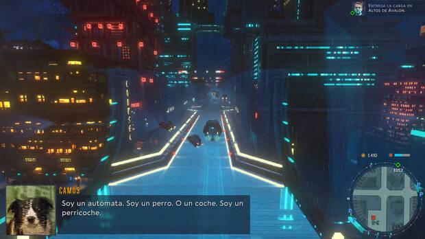 Mientras vamos conduciendo la IA del vehículo, nuestro antiguo perro Camus, nos da conversación, función que a veces cumple el Control de Cloudpunk.