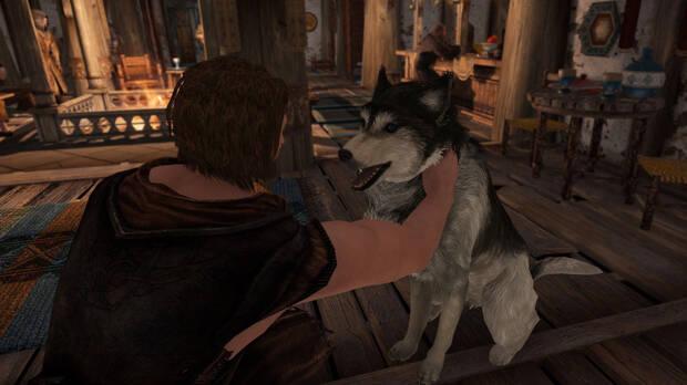 Personaje acariciando a un perro en Skyrim gracias a un mod.