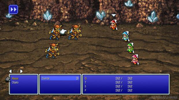 Pantalla de batalla de 'Final Fantasy III' sin filtro y con la fuente moderna, la misma que utilizó en su lanzamiento de PC y móviles.