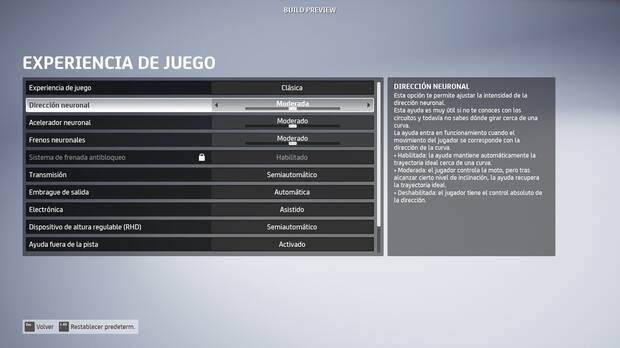Los ajustes neuronales van más allá de las opciones de asistencia que solemos encontrar en juegos de velocidad de coches. Podrás ajustarlas o desactivarlas a tu gusto.