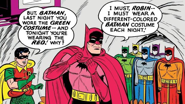 Batman en la vi�eta con varios trajes de colores en Detective comics #241 (1957)