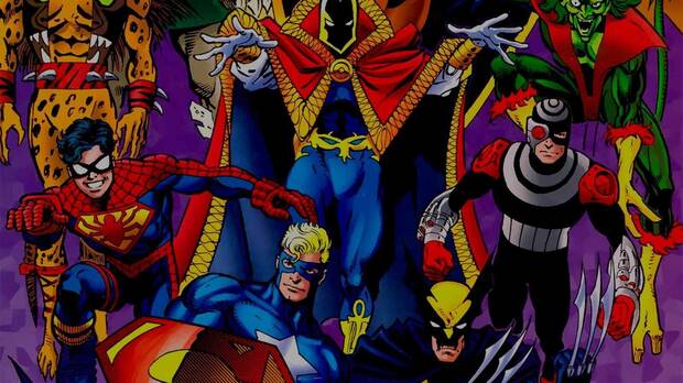 Viñeta de Amalgam Universe con varios de los personajes originales creados para el crossover