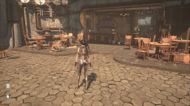 Stellar Blade - Equipo: ubicación de la caja con el Equipo de toma de riesgos tras la barra del café de la plaza mayor de Xion