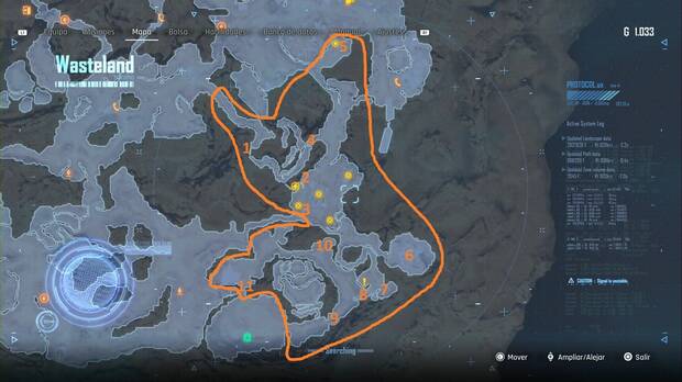 Stellar Blade - Altess Levoire: mapa con marcadores de ubicaciones en la chatarrería, la zona este-sudeste del páramo
