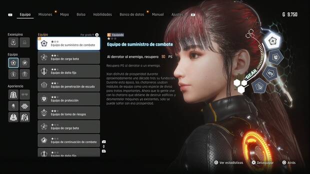 Stellar Blade - Equipo: pestaña del menú de personaje donde equipas las piezas de Equipo