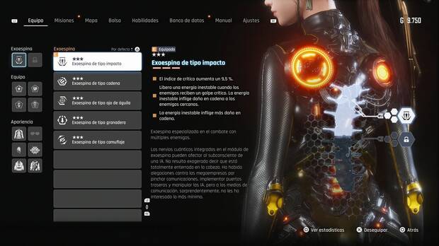 Stellar Blade - Exoespinas: menú de equipamiento de exoespinas
