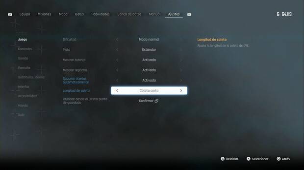 Stellar Blade - Cómo cambiar el peinado: sección del menú de ajustes en la que se puede cambiar el largo de la coleta de Eve