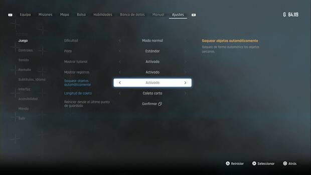 Stellar Blade - Cómo saquear objetos automáticamente: ubicación del botón para activar y desactivar el saqueo automático de objetos en el menú de ajustes del juego