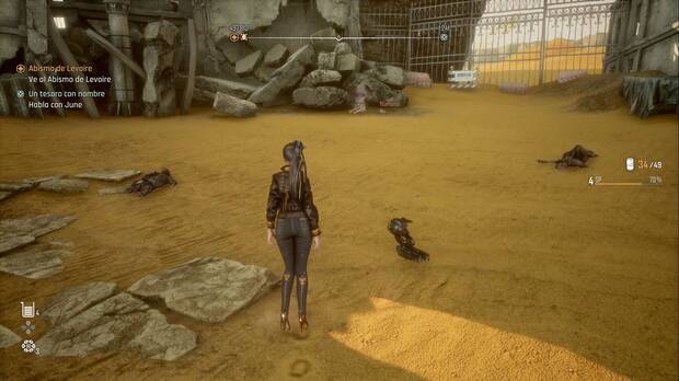 Stellar Blade - Núcleos corporales en el Gran Desierto: ubicación del cuerpo con el núcleo corporal #1 en lo alto de la pendiente junto al parking de las ruinas enterradas