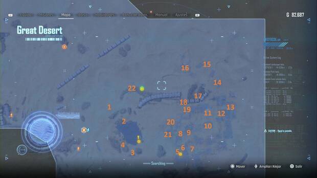 Stellar Blade - Abismo de Levoire: Mapa de la zona este-nordeste del Gran Desierto mapeado con las ubicaciones de puntos de interés y coleccionables