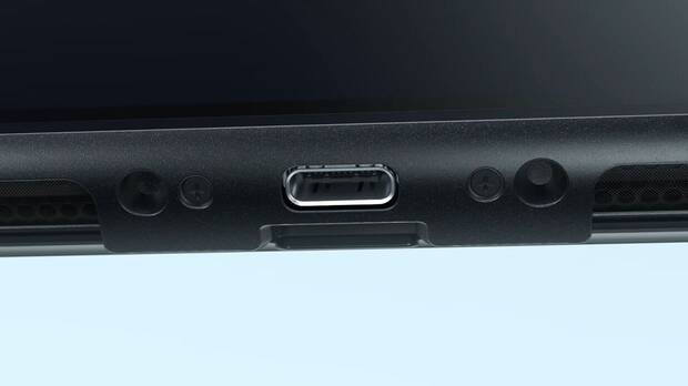 Imagen del puerto USB-C de la parte superior de Nintendo Switch 2 del vídeo del primer vistazo de la consola