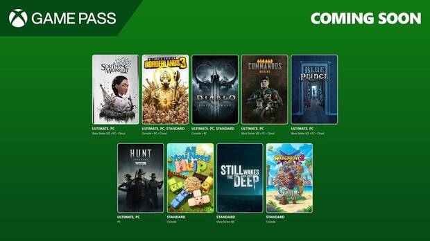 Composición de los juegos que llegan a Xbox Game Pass durante la primera quincena del mes de abril de 2025, con South of Midnight y Commandos Origins como atractivos principales