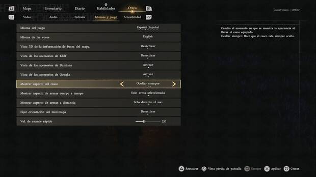 Crimson Desert - Cómo ocultar el casco y las armas, menú de opciones con los ajustes de visualización de equipo