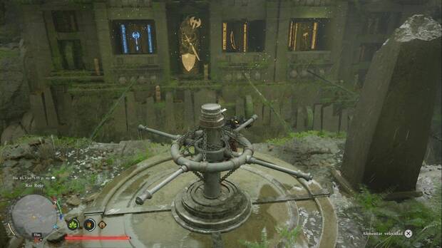 Crimson Desert - Ruinas ancestrales, Ruinas del R�o Rojo, palanca girando al tiempo que se muestran los s�mbolos de las paredes tras la estatua del puzle