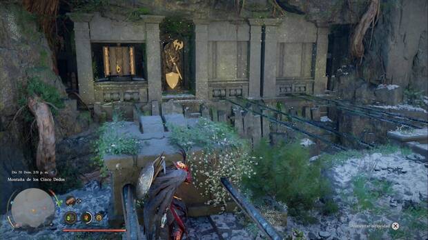 Crimson Desert - Ruinas ancestrales, Ruinas del acantilado de la monta�a de los Cinco Dedos, bloques de piedra que hacen aparecer los bloques de madera junto a la estatua