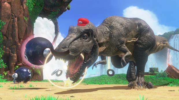 Gracias a Cappy podemos tomar el control de todo tipo de enemigos y criaturas, como este feroz dinosaurio.