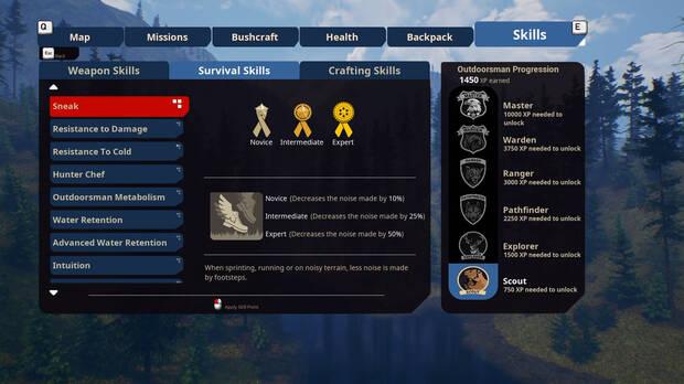 Como si de un juego de rol se tratase tendremos varios PNJ, misiones de historia y diversos árboles de habilidades para ir mejorando nuestra pericia en la caza o pesca.